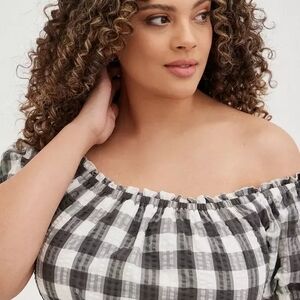 Off-Shoulder Peasant Midi Dress - Seersucker Gingham Grey & White NWT